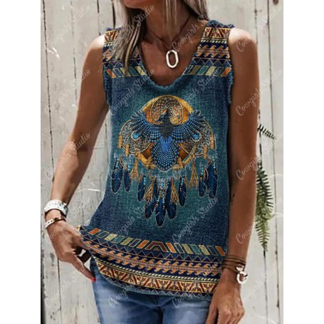 Summer Tank Top For Women Fashion Sleeveless Shirts Digital Printed T-Shirt Casual Loose Retro Ethnic Western Style Tops Vest