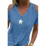 Hot Women T-Shirt Summer Cold Shoulder Star Print Vintage T-Shirt V Neck Solid Color Top Oversized  T Shirt Women's Clothing