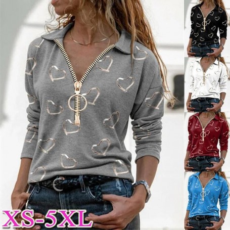 Women Zipper Blouse Spring and Autumn Fashion Heart Print Cotton Casual Long Sleeve T-shirt  V-neck Top S-5XL