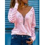 Spring and Autumn Fashion Women's Printed Zipper V-neck Long Sleeve Casual Blouse Loose Tops Shirt