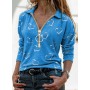 Women Zipper Blouse Spring and Autumn Fashion Heart Print Cotton Casual Long Sleeve T-shirt  V-neck Top S-5XL