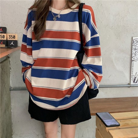 Oversized Striped T Shirts Women Tops Loose Long Sleeves T-shirt Teen Patchwork Streetwear Korean Style Couple Tops Ropa Mujer