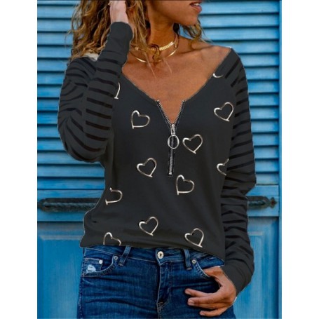 Spring and Autumn Fashion Women's Printed Zipper V-neck Long Sleeve Casual Blouse Loose Tops Shirt
