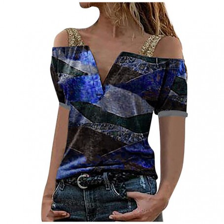 Women's Fashion Casual Print V-Neck Short Sleeve Sexy Off Shoulder Top Summer Elegant Female Spaghetti Bohemian Beach Blouse Top