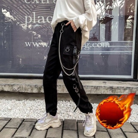 Gothic Women Cargo Pants Black Joggers High Waisted Harajuku Harem Pants Punk Goth Techwear Chain Trousers Female Hip Hop