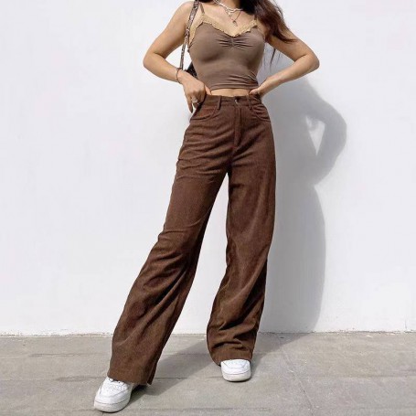 Retro Women Jeans Brown Wide Leg Pants Corduroy Baggy 90s Women's Solid high waist Street Style trousers Comfortable Jeans