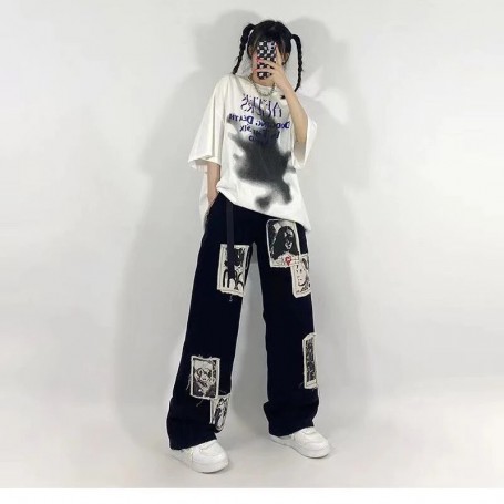 Women Grunge Punk Patchwork Black Jeans Hip Hop Streetwear Print Oversize Wide Leg Trousers 90s Vintage Fashion Pants