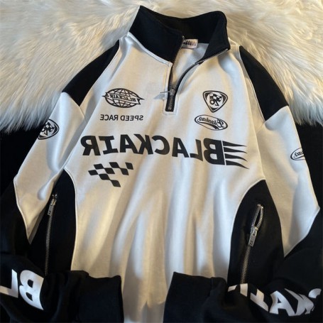 American retro stitching half zipper high street racing suit men and women early spring national hip hop vintage couple sweater