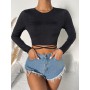 Casual Plain Round Neck Lace Crop Top Women Long Sleeve Pullovers Slim Fit High Stretch Crisscross Tie Back Rib Knit Tee