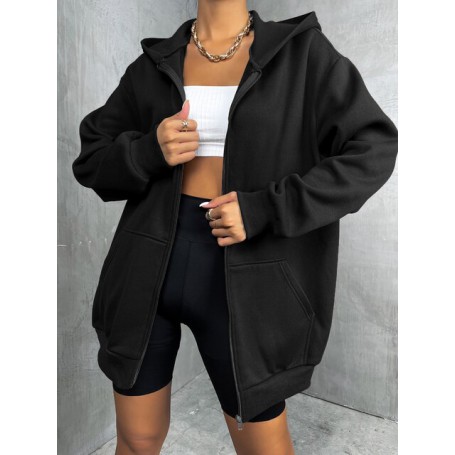 Zip Up Oversize Hoodies Thermal Women Clothes Solid Drop Shoulder Lady Casual Plain Sweatshirts Fashion Long Sleeve