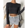 Casual Plain Round Neck Lace Crop Top Women Long Sleeve Pullovers Slim Fit High Stretch Crisscross Tie Back Rib Knit Tee