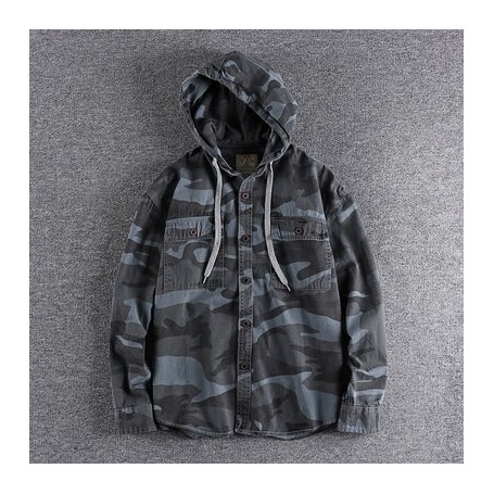 Men's Vintage Washed Distressed Personalized Hooded Camouflage Jacket Fashion Cotton Woven Casual Youth Windbreaker Bomber Coat