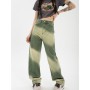 Contrasting Colors Green Jeans Women's Summer Retro Design American High-waisted Straight Wide-leg Pants Female Denim Trousers