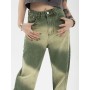 Contrasting Colors Green Jeans Women's Summer Retro Design American High-waisted Straight Wide-leg Pants Female Denim Trousers