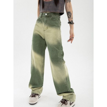 Contrasting Colors Green Jeans Women's Summer Retro Design American High-waisted Straight Wide-leg Pants Female Denim Trousers