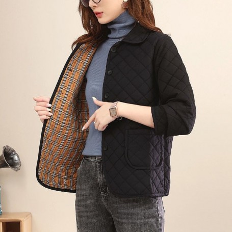 Autumn Winter Women New Loose Thin Cotton Liner Casual Solid Plaid Argyle Streetwear England Style Parkas Jacket Coat