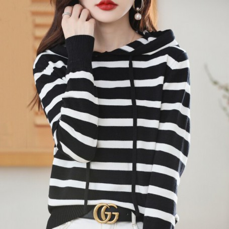 Autumn and winter new Cashmere Sweater Hoodie women's loose Pullover Hoodie striped Hoodie