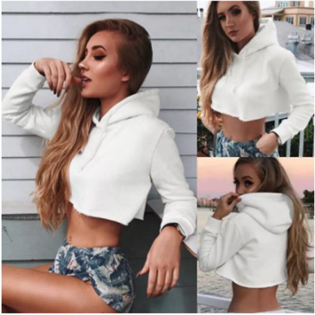 Women Hoodies New Fashion Sexy Ladies White Hooded Collar Sweatshirt  Top Long Sleeve Pullover Short Loose Clothing