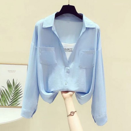 Casual Shirt Women Fashion Elegant Blouses Summer Chiffon Long Sleeve Top Oversized Fake Two Pieces Pullover Ladies Clothes