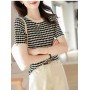 Worsted Wool Half Sleeves Retro Simple Contrast Color Wave Pattern Round Neck Loose Casual Versatile Pullover Knit Short Sleeves