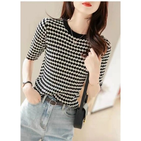 Worsted Wool Half Sleeves Retro Simple Contrast Color Wave Pattern Round Neck Loose Casual Versatile Pullover Knit Short Sleeves