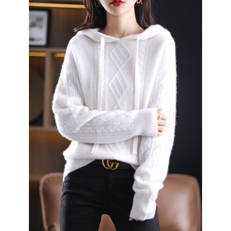Autumn And Winter New Solid Color Hooded Pure Wool Knitted Sweater Women's All-Match Fashionable Temperament Loose Top
