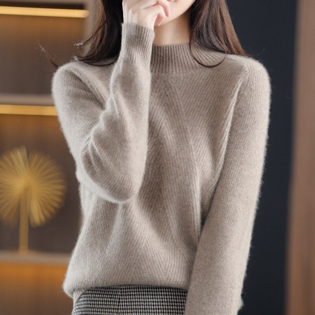 Autumn And Winter New Solid Color Half Turtleneck Casual Temperament Pure Wool Knitted Sweater Women's All-Match Fashion Top