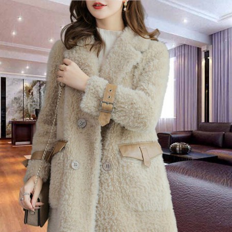 Women Parka Jacket  Winter Warm Lapel Neck Coat Fashion Plain Blazer with PU Accessories Lady's Clothes