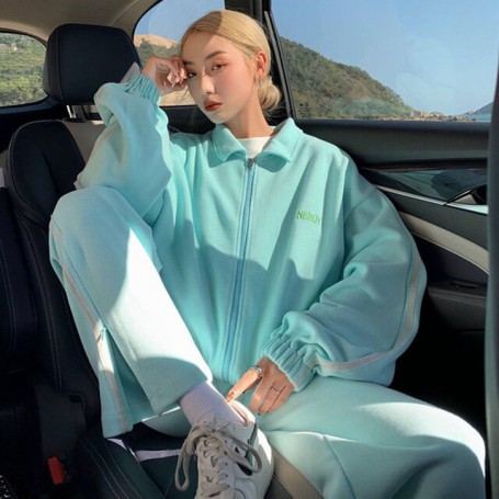 Woman Tracksuits Light Green Zipper Sweatshirt  Embroidery Sports Suit Female Loose Leisure Two-piece Running Suit