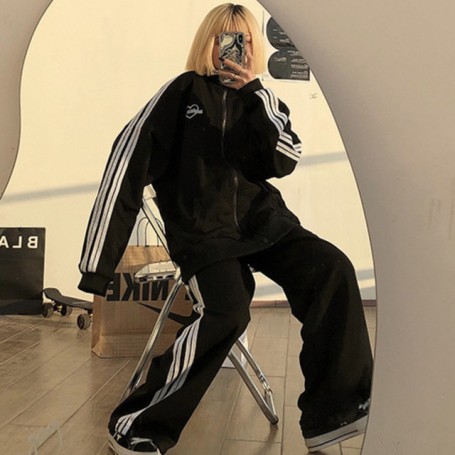 Autumn Women's Tracksuit Suit Pink Striped Casual Autumn Loose Fashion Sweater Zipper Jacket For Fitness Two-piece Set