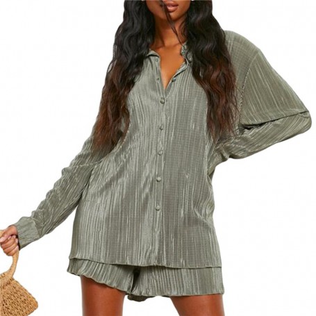 Hot Sale Women Casual 2 Pcs Clothes Set Solid Color Ruched Long Sleeve Button Down Shirts With Shorts Suit 5 Colors S/m/l/xl