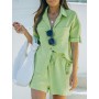 Women Solid Color Two Piece Sets Fashion Turn-Down Collar Button Shirt Tops And Lace-up Shorts Suits Ladies Casual Outfits