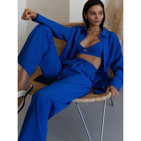 Women Sets Single-breasted Lapels Long Sleeve Shirt Autumn Suit High Waist Lace Up Slit Wide Leg Pants Female Shirt Pants Set