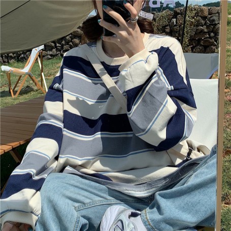 Striped Polo Shirt Men Women Long Sleeve Oversized Lapel Sweatshirts Preppy Hip Hop Couple Shirts
