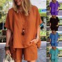 2Pcs/Set Women Pullover Ladies Suit O Neck  Pure Color Top Shorts Suit Cotton linen Short Sets for Summer