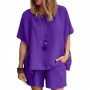 2Pcs/Set Women Pullover Ladies Suit O Neck  Pure Color Top Shorts Suit Cotton linen Short Sets for Summer