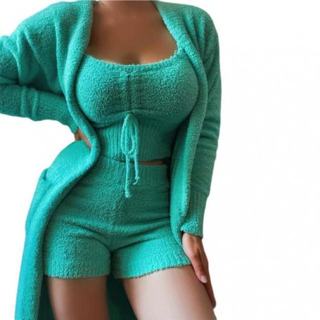 Three Piece Sexy Fluffy Outfits Plush Velvet Hooded Cardigan Coat+Shorts+Crop Top