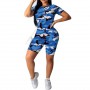 Women Casual Two-Piece Clothes Set Camouflage Printed Pattern Short Sleeve Top + Shorts Blue Army Green Red Lady Shorts Suit