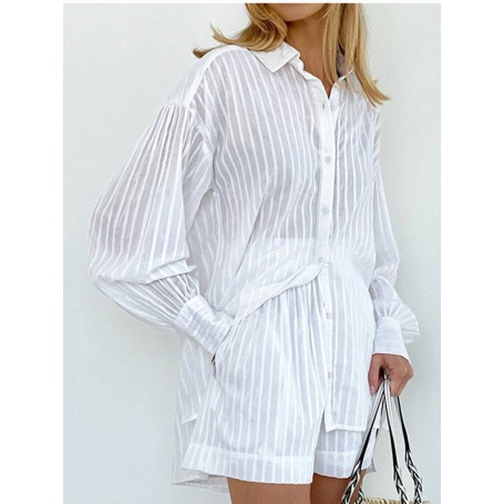 Women Set Shirt Top Shorts Casual Lantern Sleeve 2 Pieces Set Striped Hollow Loose White Elegant Female Short Trousers Tracksuit