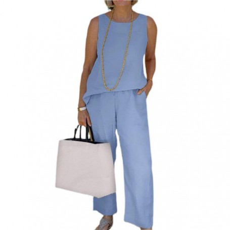 1 Set Vest Top Pants O Necks Pockets Pure Color Loose-fitting T-shirt Pants Drawstring Crew Neck Summer Women Outfit Streetwear