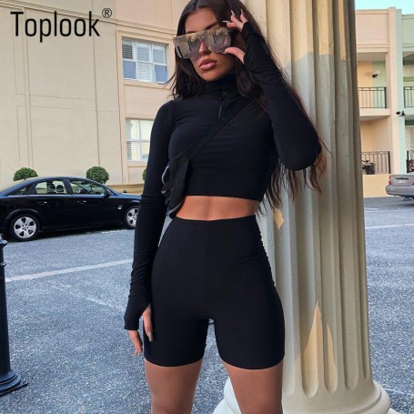 Toplook Zipper Sets Women 2-pieces Long Sleeve Elastic Sexy Crop Tops Shorts Summer Fashion Casual Sports   Stretch Clothes