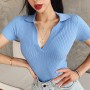 Crop Top Female Polo Shirts Summer Short Sleeve T-shirt Women's Vintage Clothes Ribbed Solid Slim Knit Top Cropped Tees