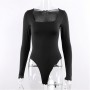 Bodysuit Long Sleeve Women Body streetwear dropshipping Forefair Sexy Bodycon Square Neck Sheath Crotch Basic Black Overalls Top