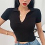Crop Top Female Polo Shirts Summer Short Sleeve T-shirt Women's Vintage Clothes Ribbed Solid Slim Knit Top Cropped Tees