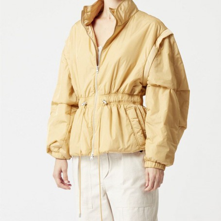 Women's Detachable Sleeve Zipper Parkas Coat Fashion Stand Collar Waist Drawstring Ladies Autumn Winter Solid Color Jacket