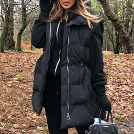 Spring Stand Collar Long Cotton Vests Women Fashion Solid Coats Women Elegant Collected Waisted Pockets Vests Female Ladies