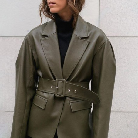 Casual Tie Belt Blazers Women Fashion Simple Faux Leather Jackets Women Elegant Notched Long Sleeve Suits Female Ladies