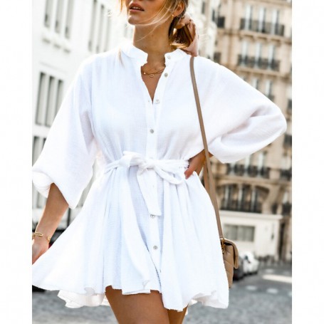 Casual O Neck A Line Dresses Women Fashion Tie Belt Mini Dress Women Elegant Front Breasted Long Sleeve Dresses Female Ladies
