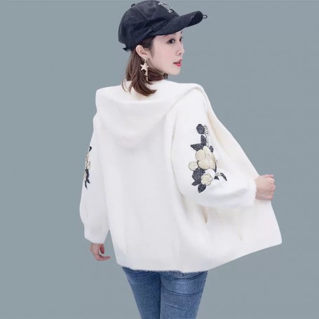 New Women Autumn Winter Thicken Warm Faux Mink Cashmere Hooded Cardigan Female Embroidery Loose Casual Knitted Sweater