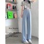 High Waist Casual Suit Pants for Women Loose Floor-Length Wide Leg Trousers  Summer Thin Korean Straight Blue White Pant